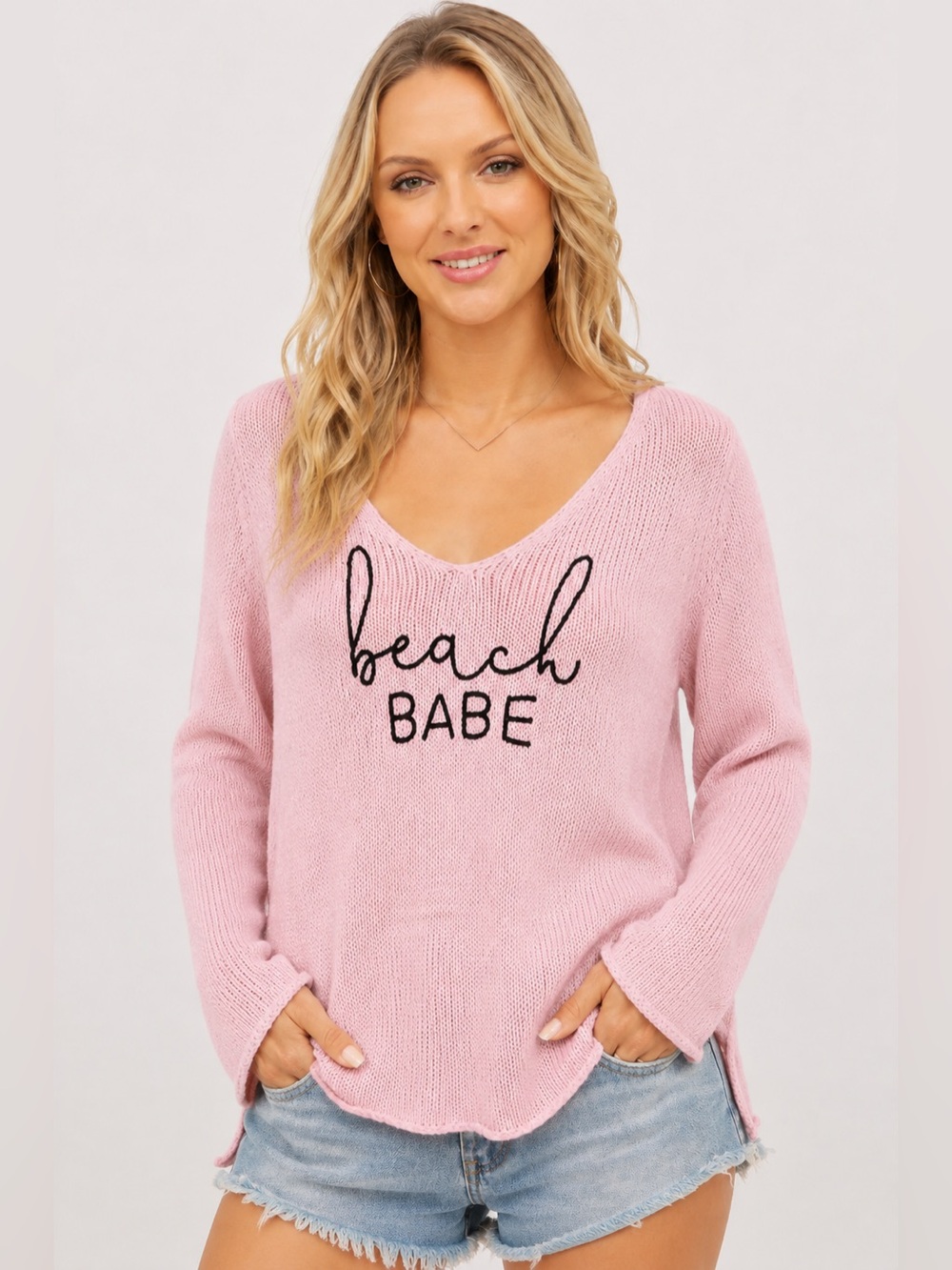 Wooden Ships Beach Babe Pink Loose Knit V Neck Pullover Sweater Size S/M *D